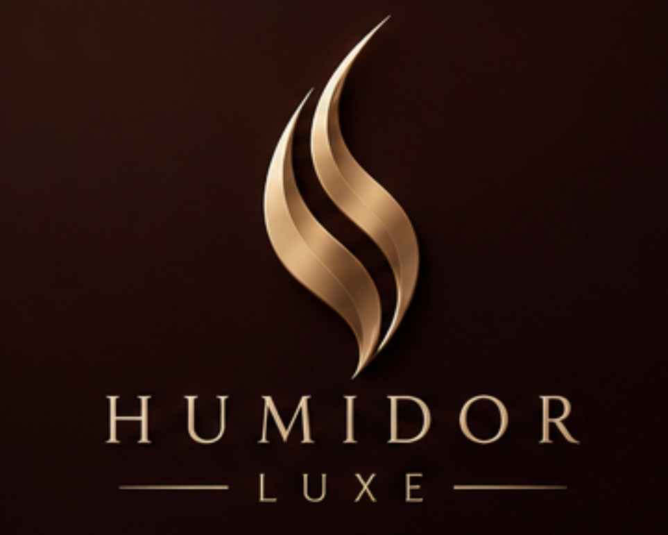 Humidor Luxe logo: a gold metallic flame of two intertwined wisps above the words HUMIDOR LUXE